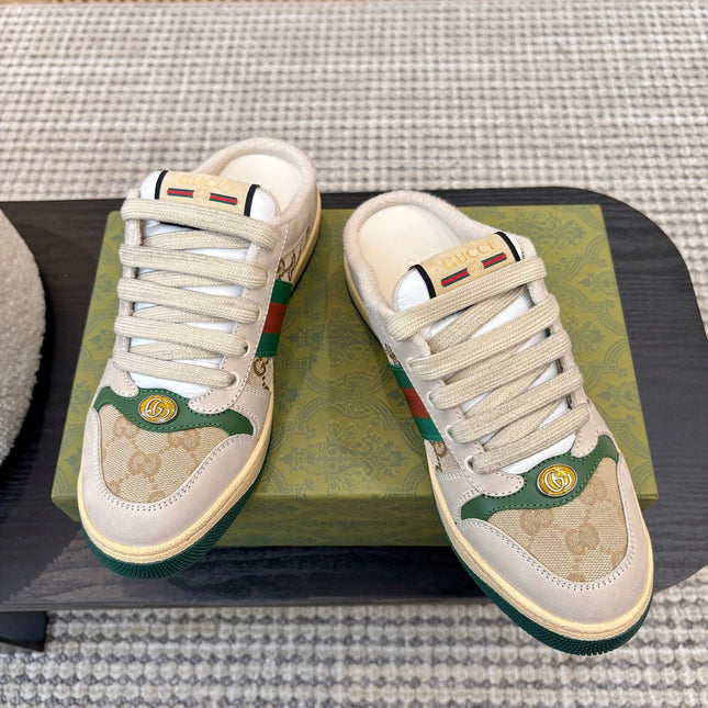 GUCCI 26S BACKLESS SNEAKERS IN BEIGE CANVAS AND LEATHER