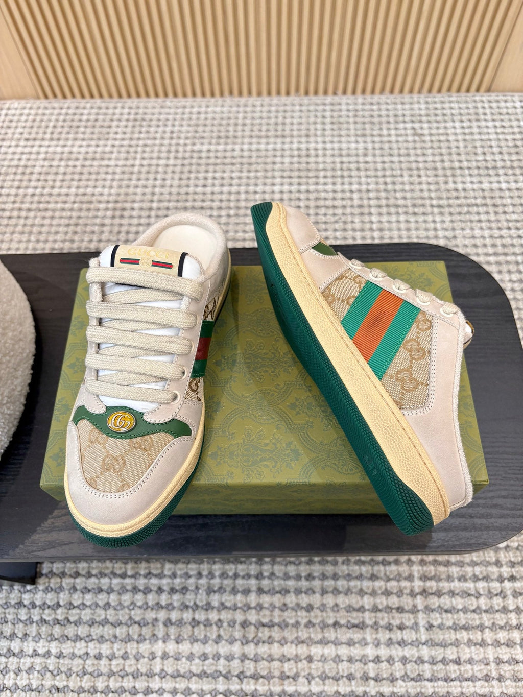 GUCCI 26S BACKLESS SNEAKERS IN BEIGE CANVAS AND LEATHER