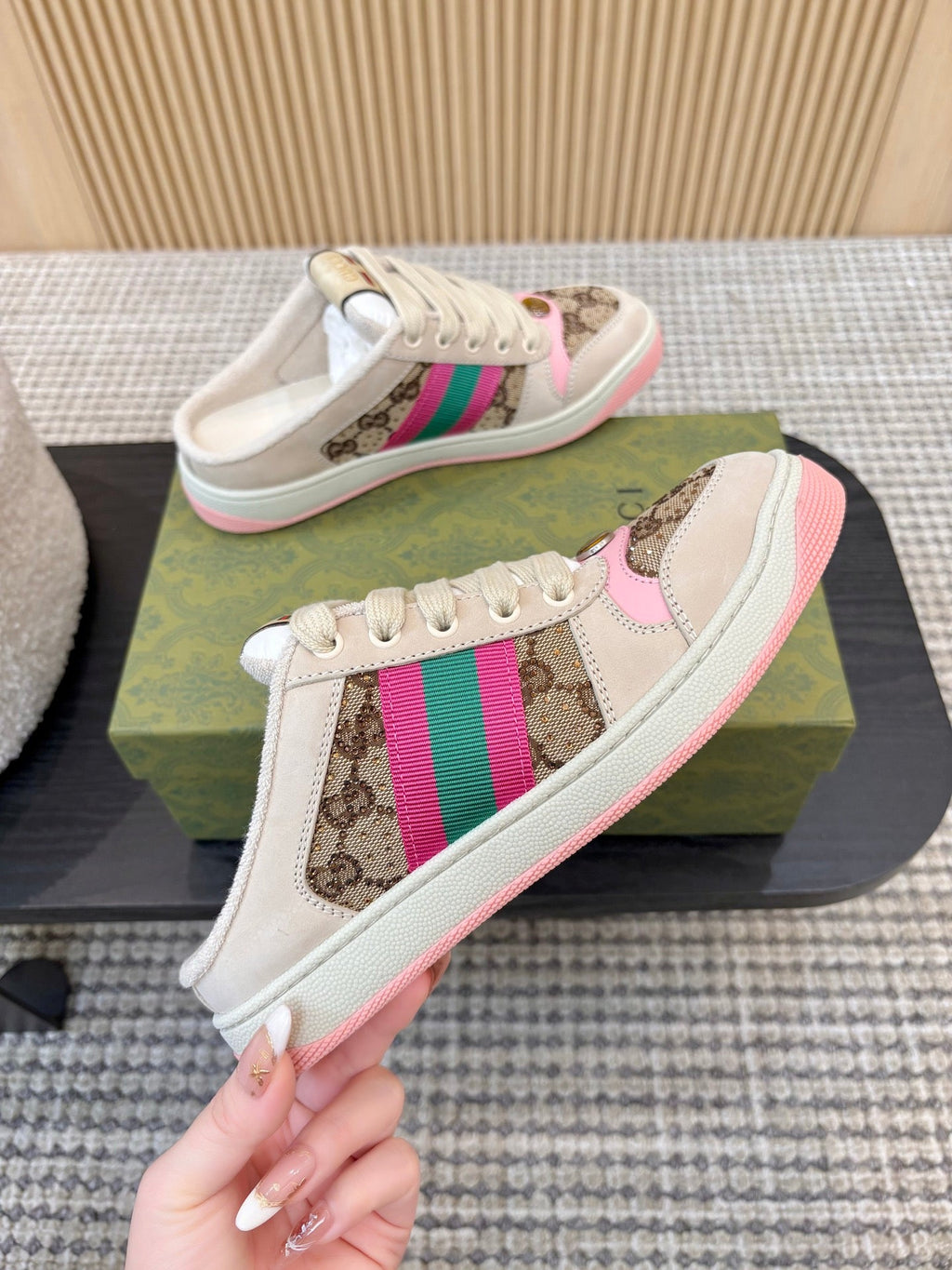 GUCCI 26S BACKLESS SNEAKERS IN BROWN CANVAS AND BEIGE LEATHER