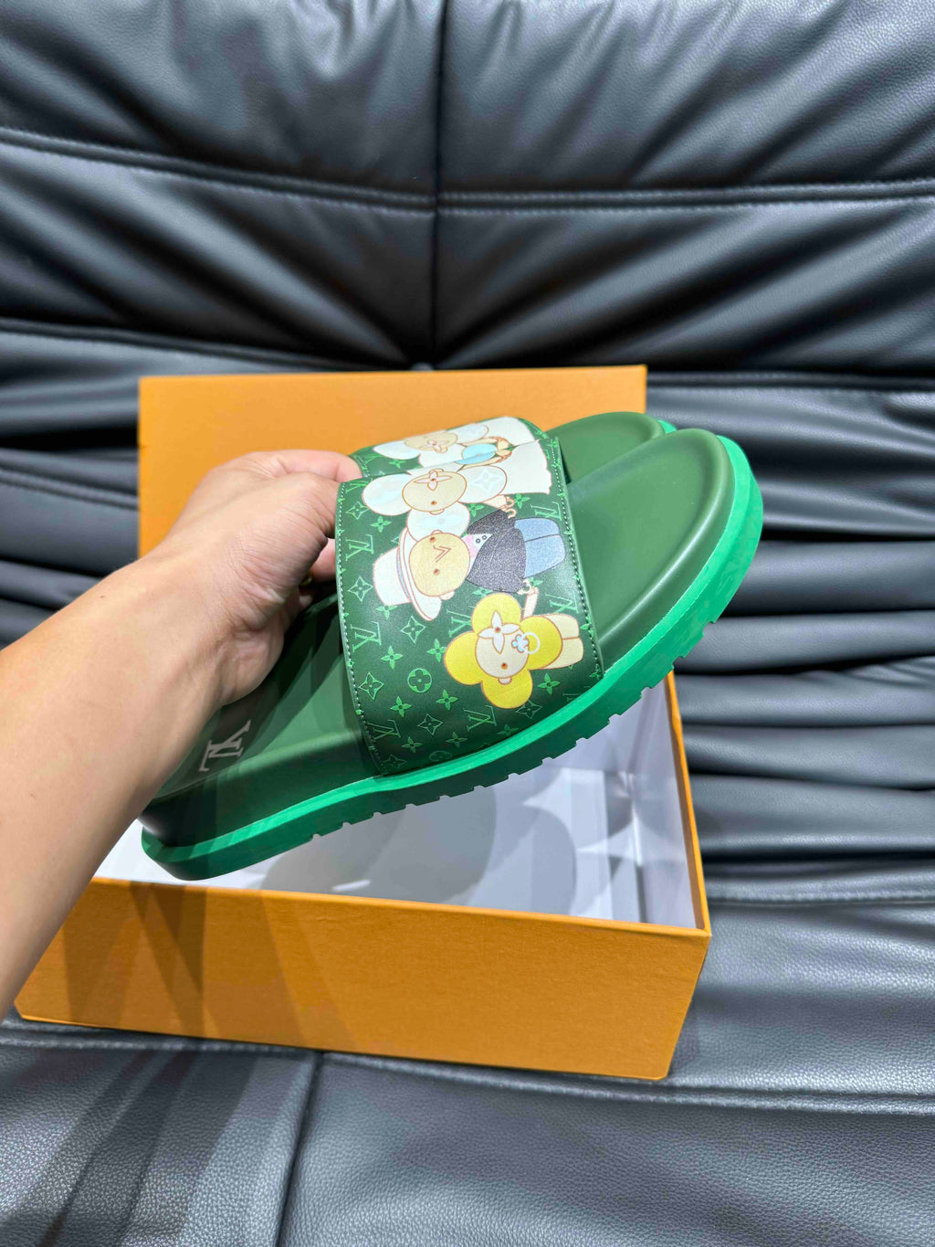 LV SLIPPERS IN SEA GREEN MONOGRAM CALFSKIN