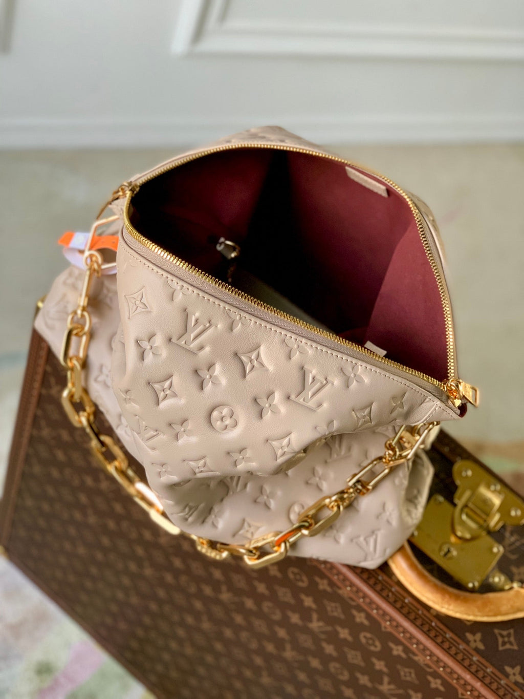 COUSSIN MM 38 IN BEIGE MONOGRAM EMBOSSED CALFSKIN GOLD HARDWARE