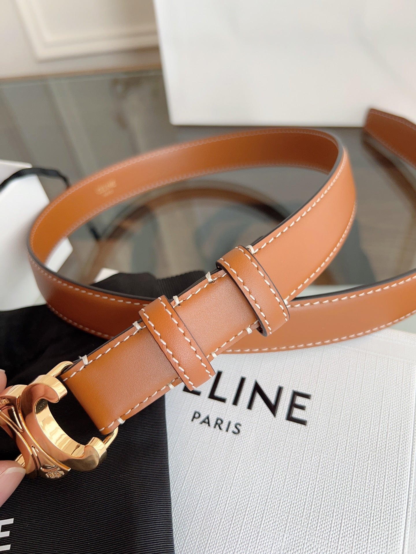 TRIOMPHE BELT 24MM IN BRONZE BROWN CALFSKIN WITH GOLD BUCKLE