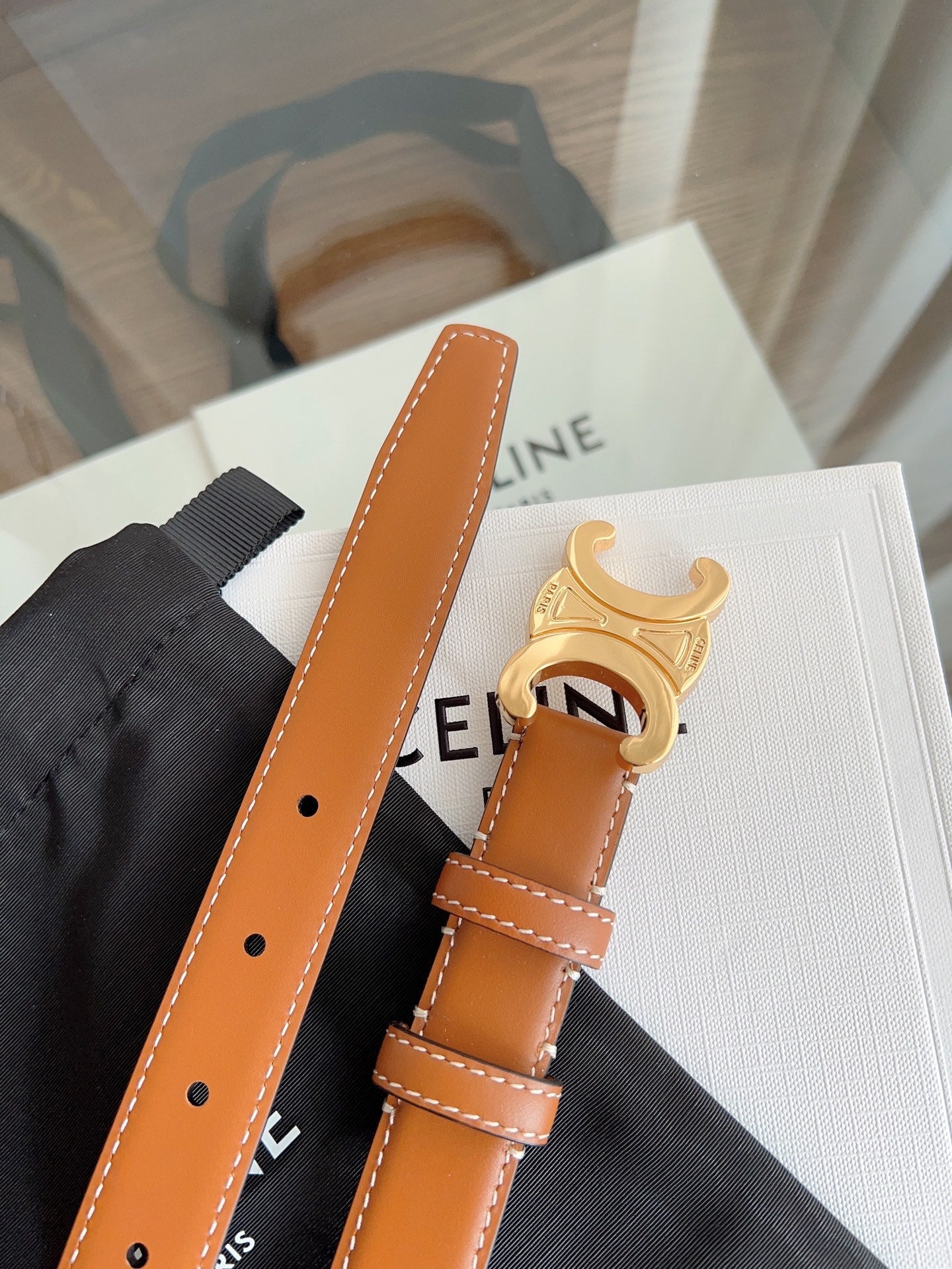 TRIOMPHE BELT 24MM IN BRONZE BROWN CALFSKIN WITH GOLD BUCKLE