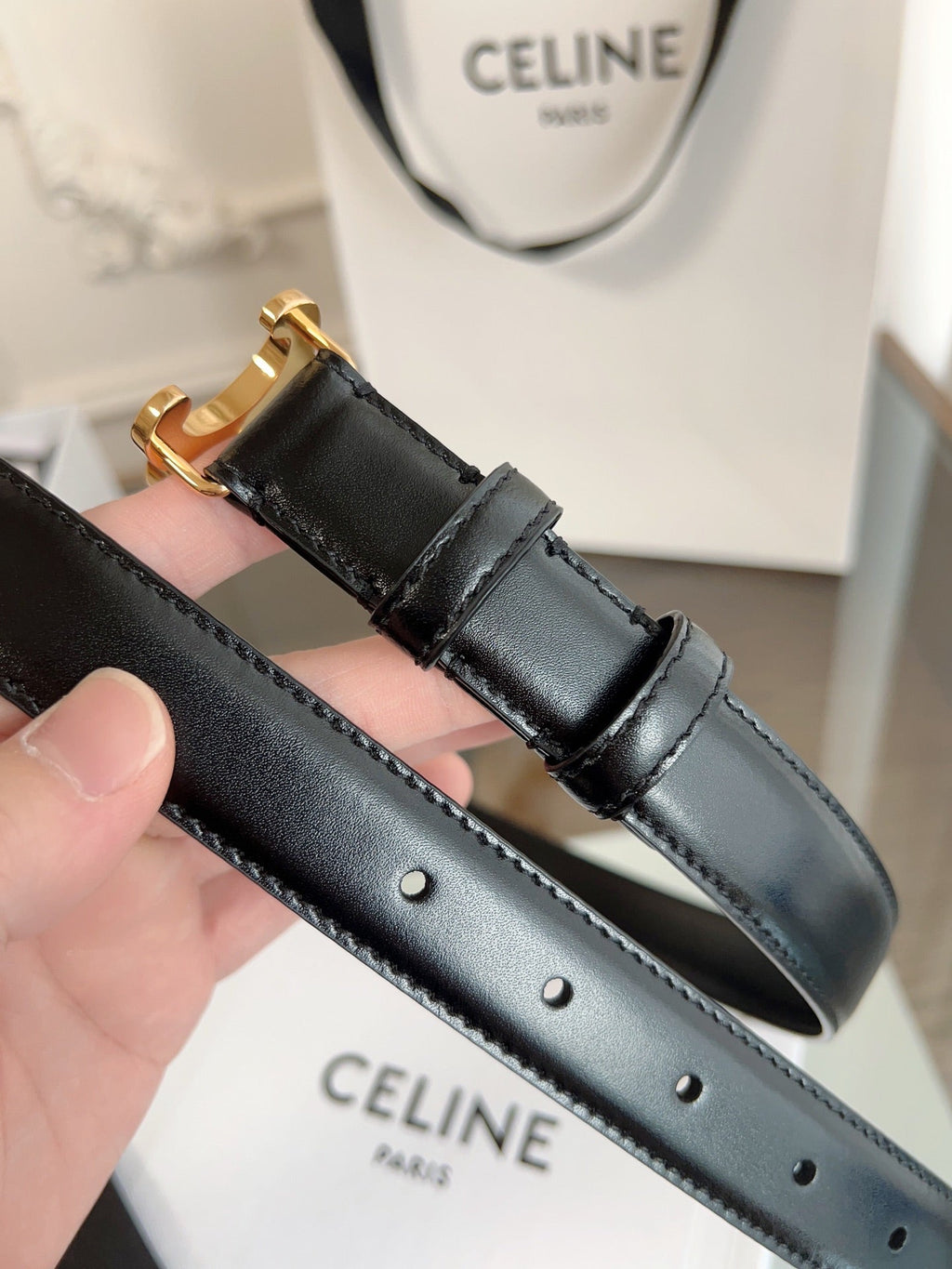 TRIOMPHE BELT 24MM IN GLOSSY BLACK CALFSKIN WITH GOLD BUCKLE