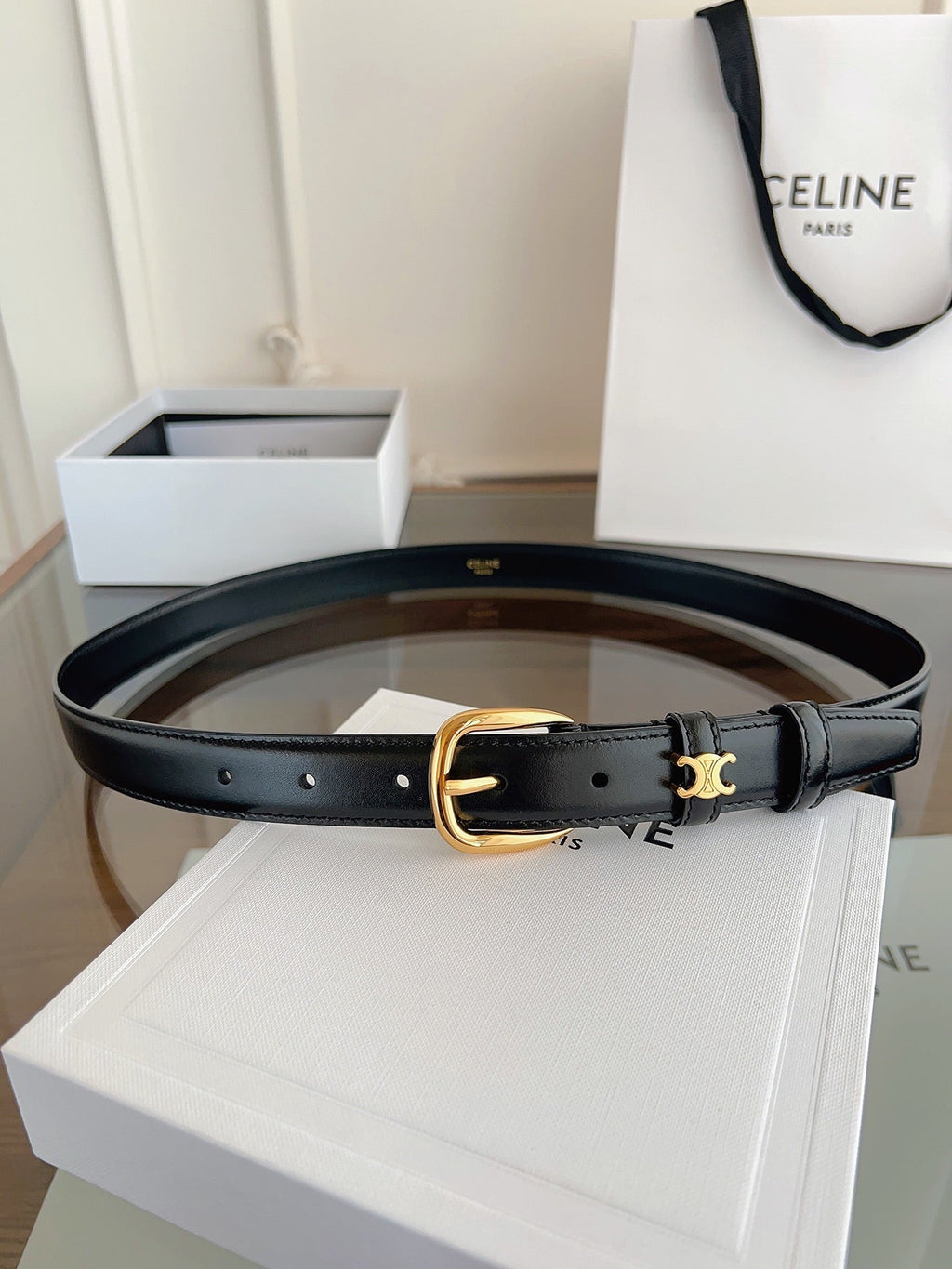 TRIOMPHE BELT 2.5 CM IN BLACK CALFSKIN GOLD HARDWARE 603266