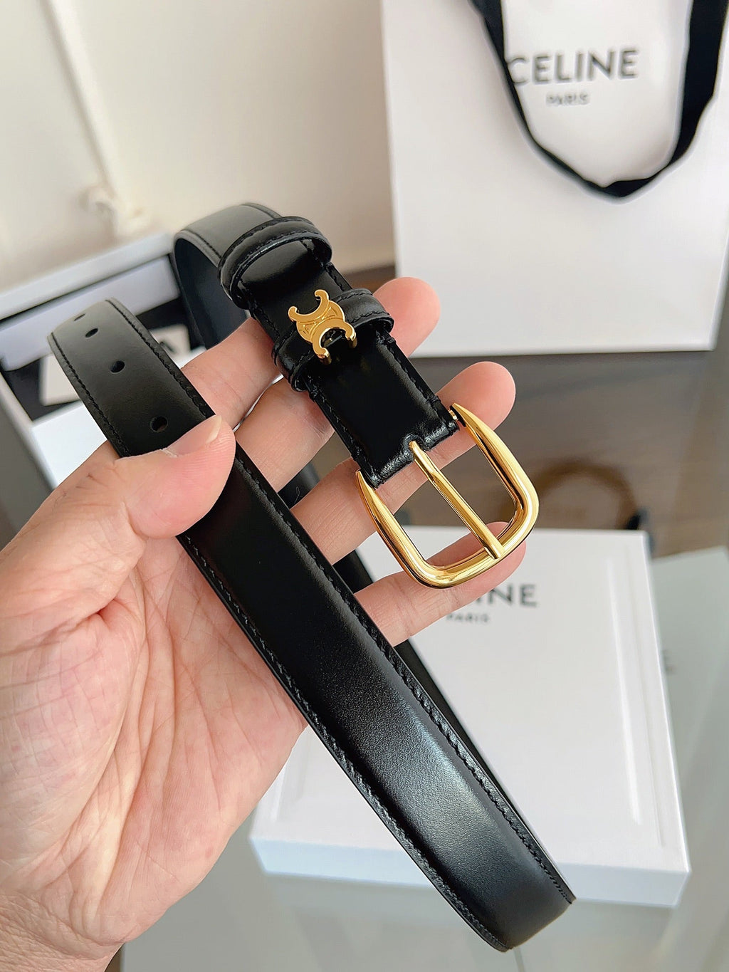 TRIOMPHE BELT 2.5 CM IN BLACK CALFSKIN GOLD HARDWARE 603266