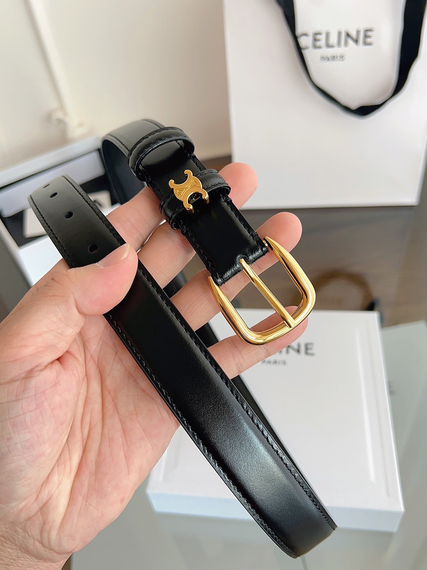 TRIOMPHE BELT 2.5 CM IN BLACK CALFSKIN GOLD HARDWARE 603266