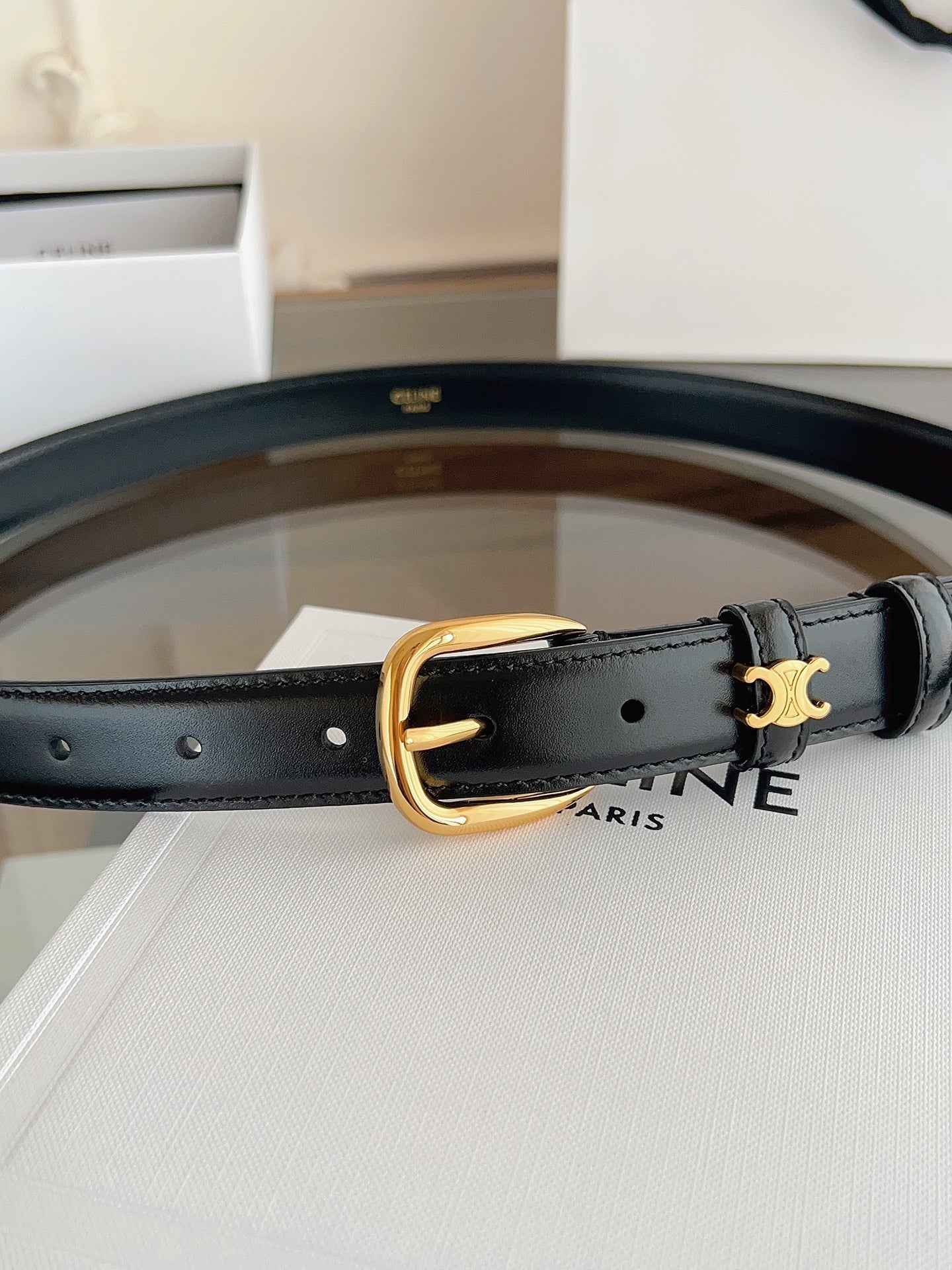 TRIOMPHE BELT 2.5 CM IN BLACK CALFSKIN GOLD HARDWARE 603266