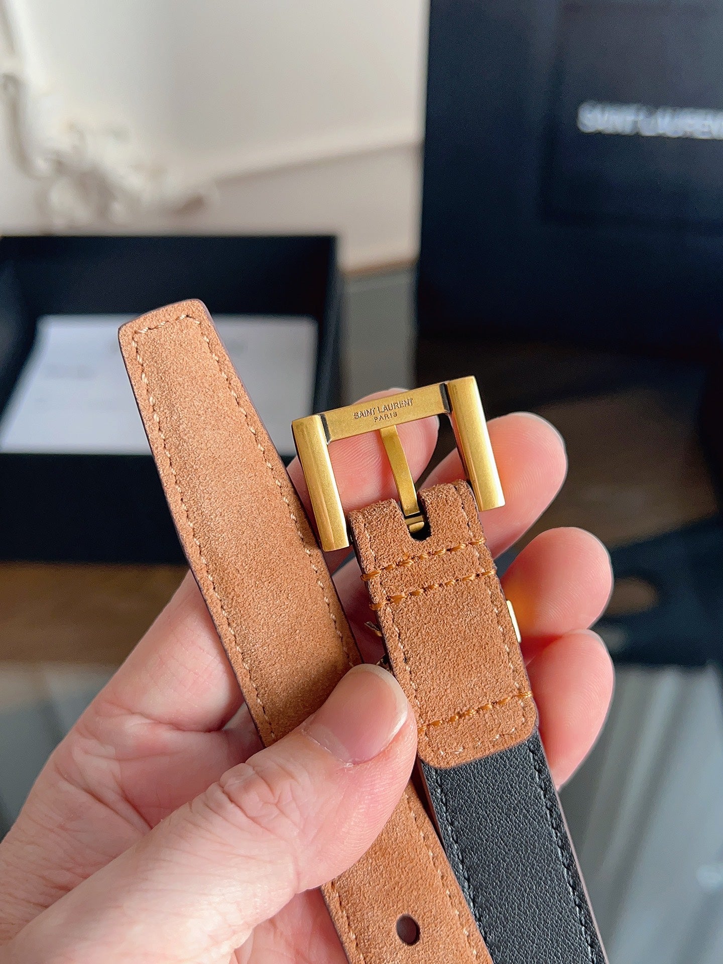 YSL 25S BELT 20 MM IN CARAMEL BROWN SUEDE 616310