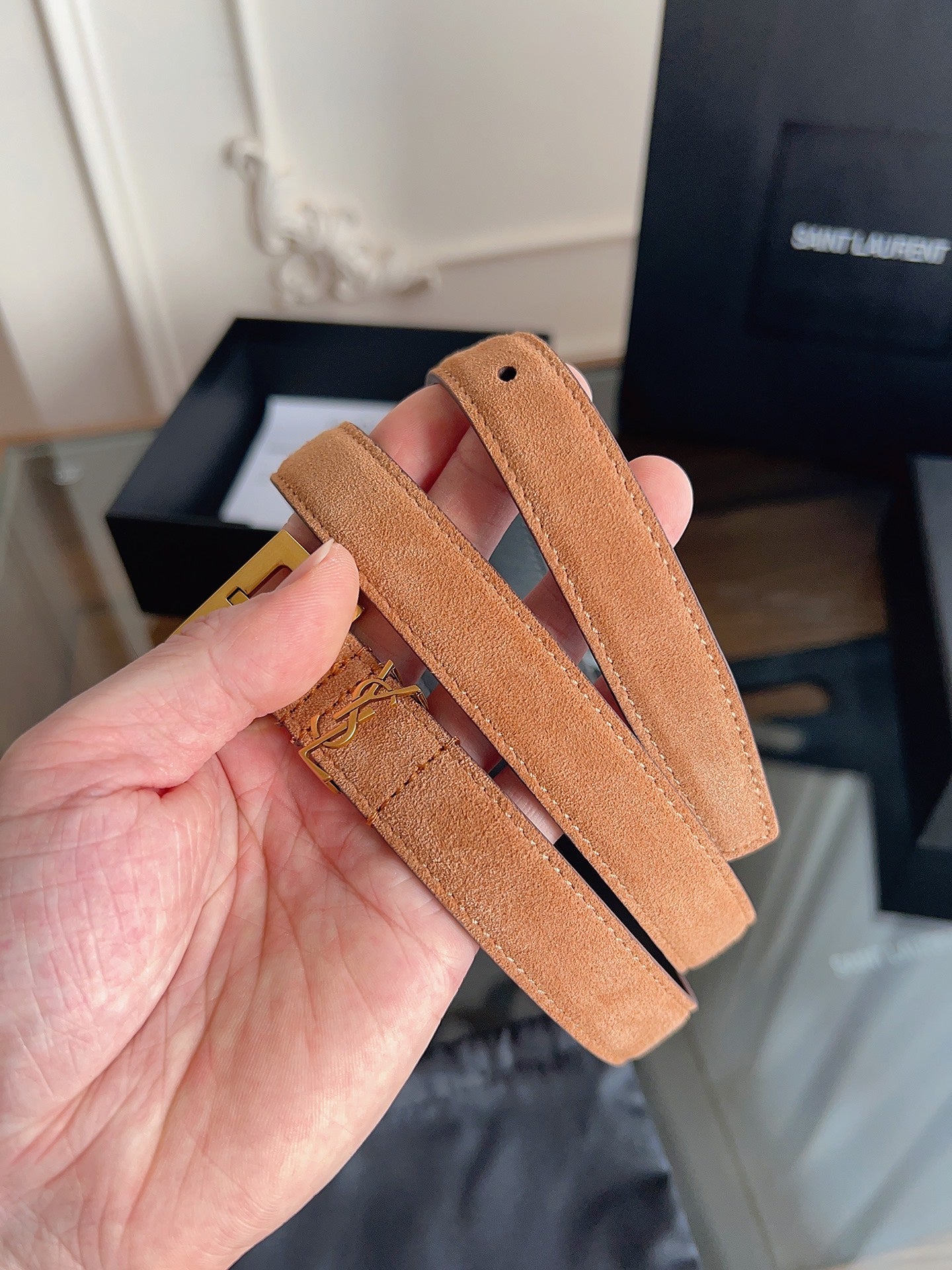 YSL 25S BELT 20 MM IN CARAMEL BROWN SUEDE 616310
