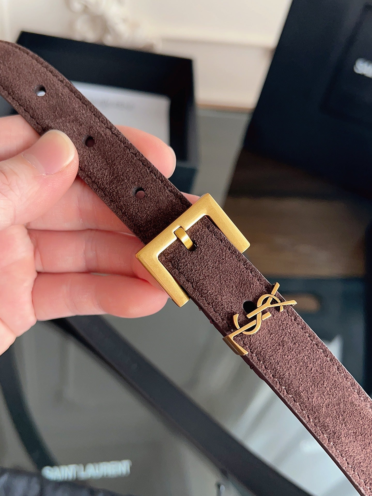 YSL 25S BELT 20 MM IN ASH BROWN SUEDE WITH GOLD HARDWARE 616311