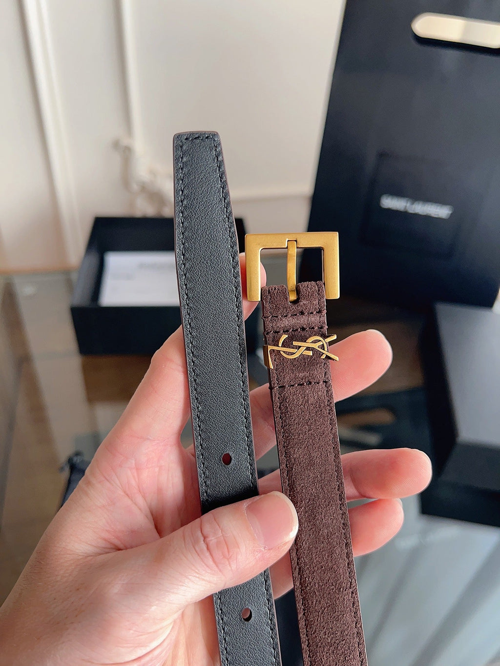 YSL 25S BELT 20 MM IN ASH BROWN SUEDE WITH GOLD HARDWARE 616311