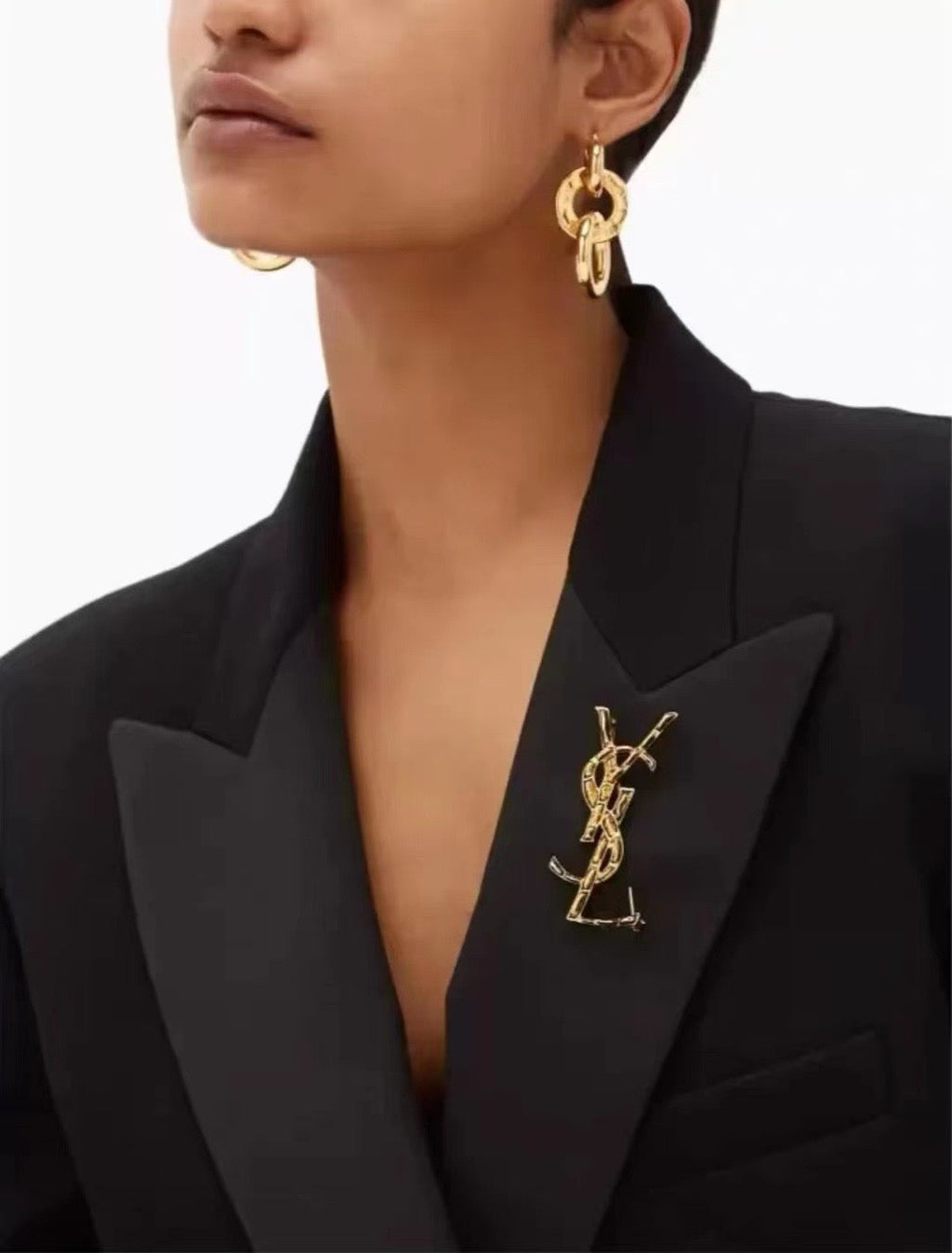 YSL 26S BAMBOO TEXTURED MONOGRAM BROOCH IN GOLD TONE METAL