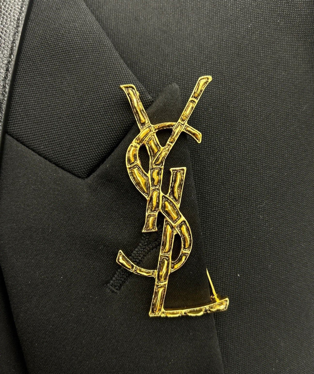 YSL 26S BAMBOO TEXTURED MONOGRAM BROOCH IN GOLD TONE METAL