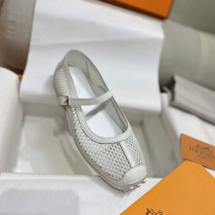 HM 26S KICHU BALLET FLAT IN WHITE CROCHET KNIT AND CALFSKIN