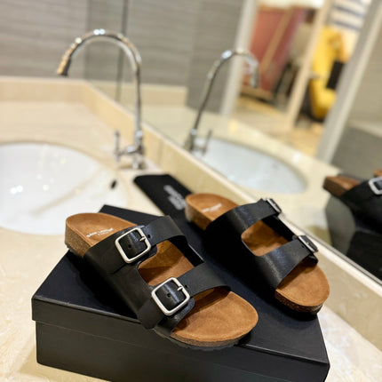 SL Flat Sandal Women Brown Seude Black Calfskin