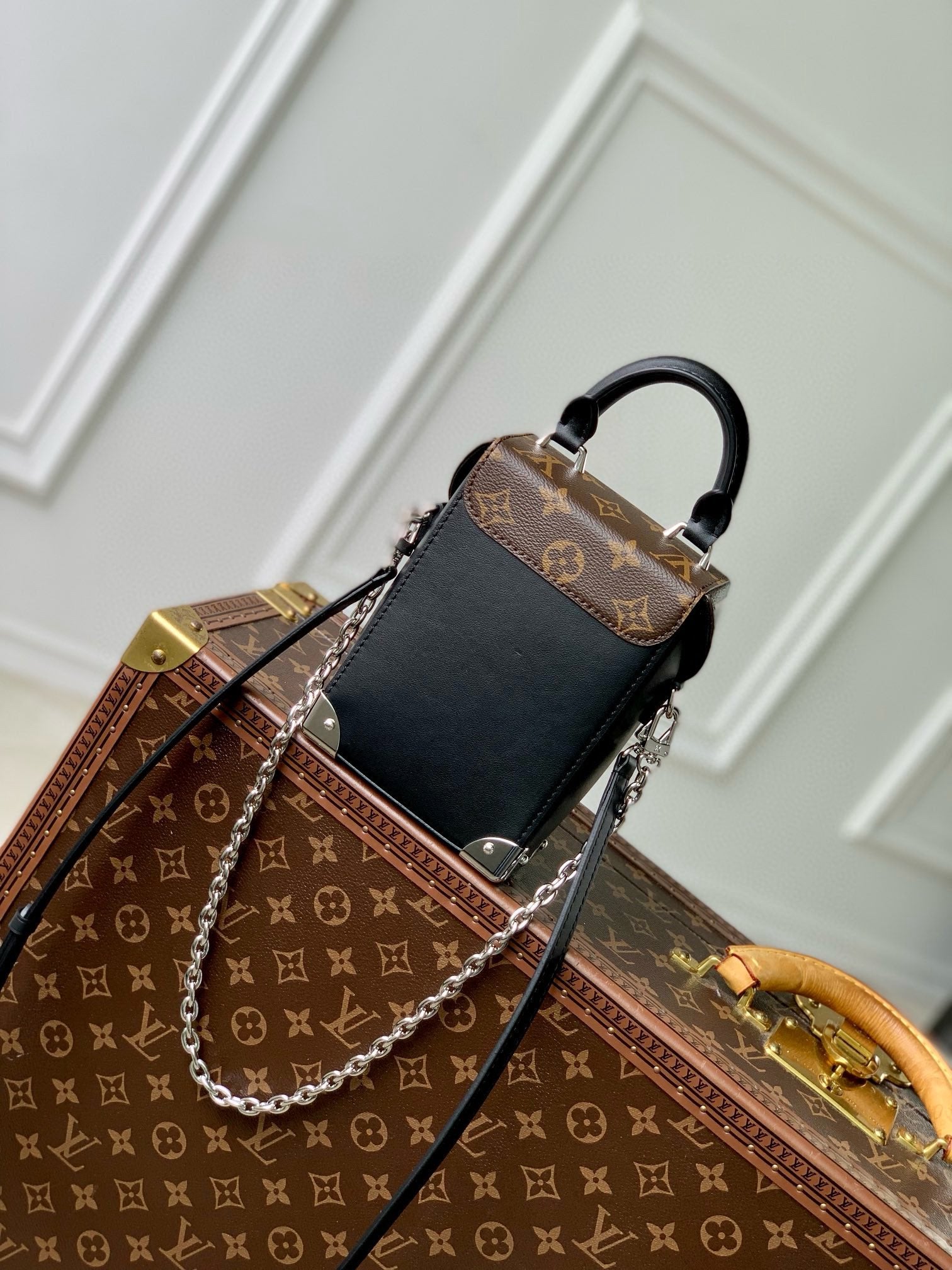 CAMERA BOX VIVE BAG 17 IN BLACK MONOGRAM CALFSKIN SILVER-TONE METALLIC