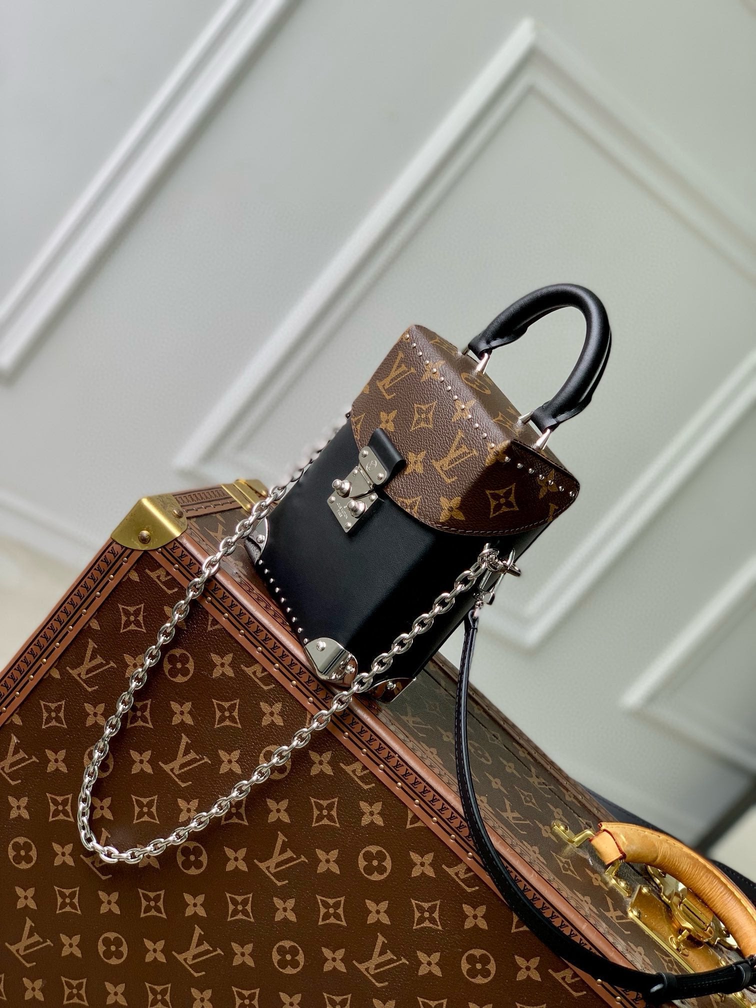 CAMERA BOX VIVE BAG 17 IN BLACK MONOGRAM CALFSKIN SILVER-TONE METALLIC