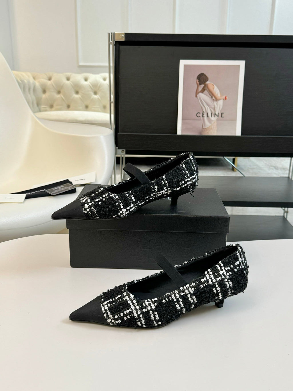 CC MARY JANE IN BLACK MIX WHITE WOOL TWEED