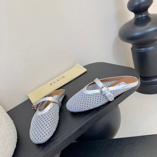 ALAIA FLAT MULES 25S IN GREY MIX SILVER WOVEN MESH