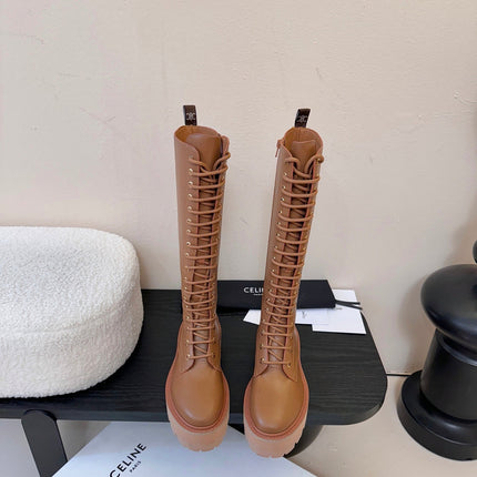 CELINE 26S LACE-UP HIGH-TOP BOOTS 45 MM IN BROWN CALFSKIN