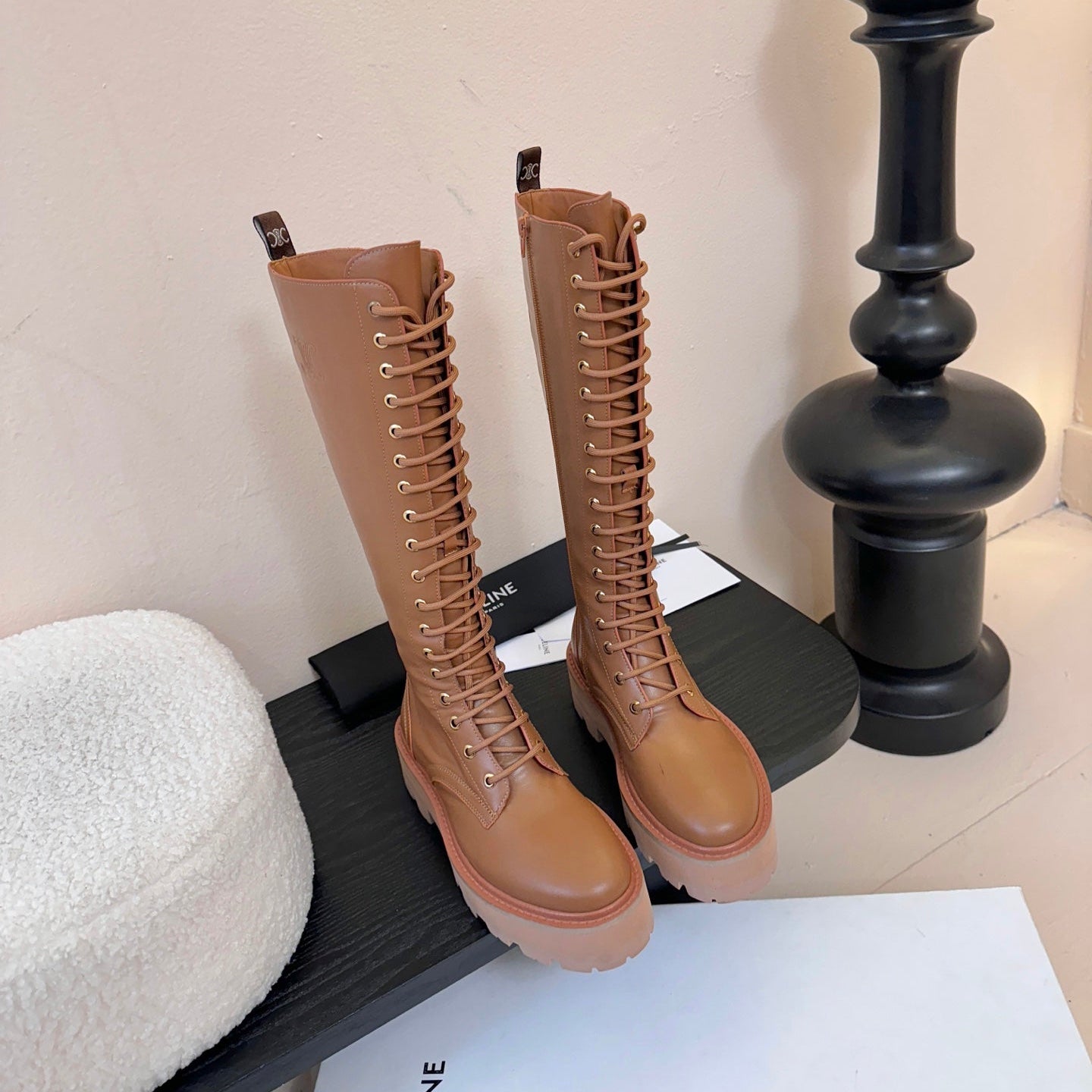 CELINE 26S LACE-UP HIGH-TOP BOOTS 45 MM IN BROWN CALFSKIN