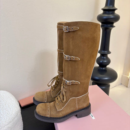 MIUMIU 25S ARMY BOOTS IN BROWN SUEDE