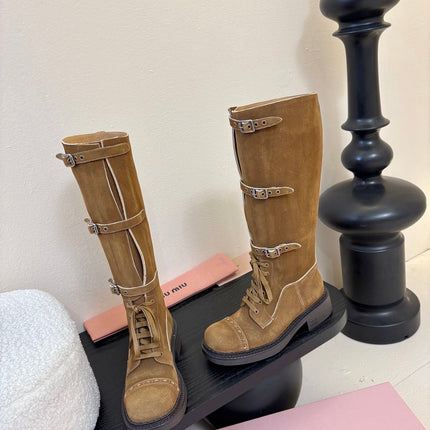 MIUMIU 25S ARMY BOOTS IN BROWN SUEDE