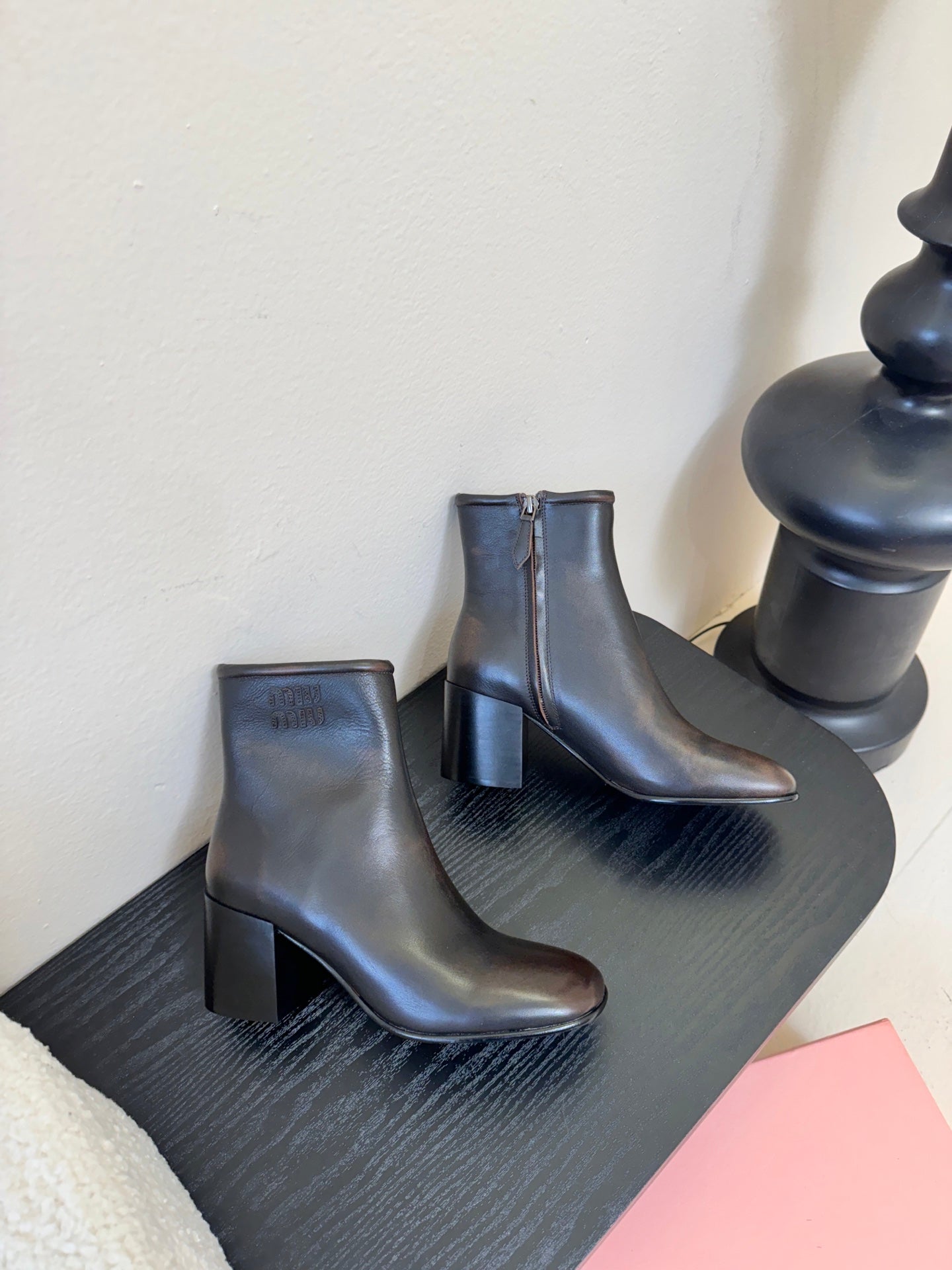 MIUMIU 25S ANKLE BOOTS 65MM IN BLACK BROWN CALFSKIN