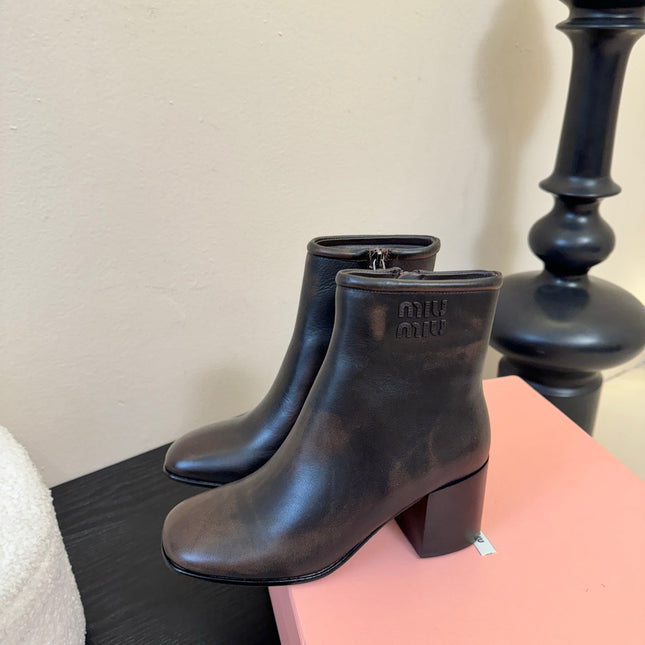 MIUMIU 25S ANKLE BOOTS 65MM IN BLACK BROWN CALFSKIN