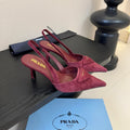 PRADA 26S POINTED TOE SLINGBACK HEELS 60MM IN DARK RED SUDE WITH LOGO