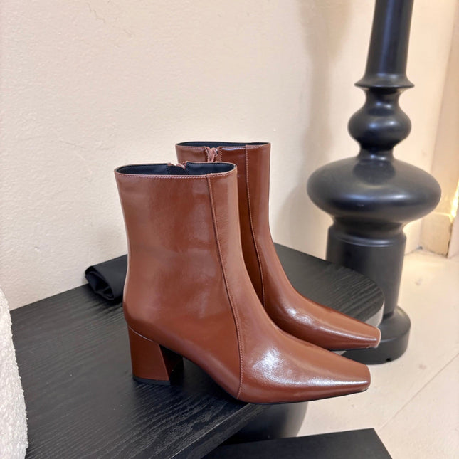 YSL 26S HEELED ANKLE BOOTS IN BROWN SHINY CALFSKIN