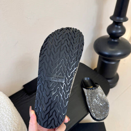 YSL 26S MESH MULES IN BLACK CALFSKIN AND WITH RHINESTONES
