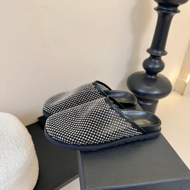 YSL 26S MESH MULES IN BLACK CALFSKIN AND WITH RHINESTONES