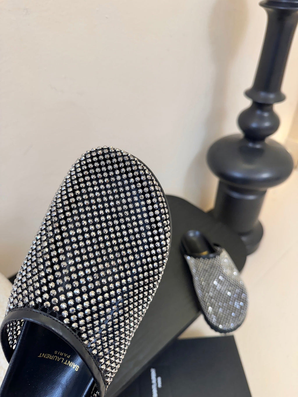 YSL 26S MESH MULES IN BLACK CALFSKIN AND WITH RHINESTONES