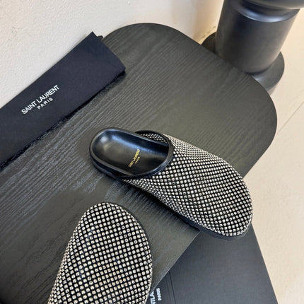 YSL 26S MESH MULES IN BLACK CALFSKIN AND WITH RHINESTONES