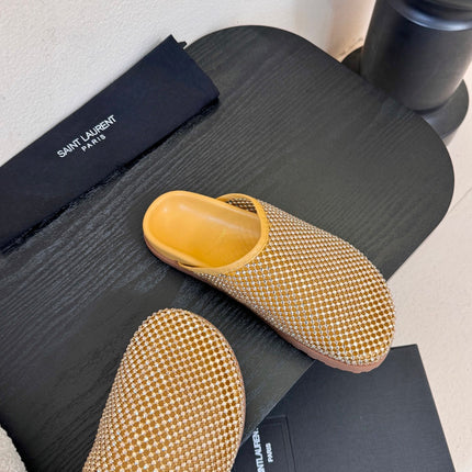 YSL 26S MESH MULES IN BEIGE YELLOW CALFSKIN AND WITH RHINESTONES