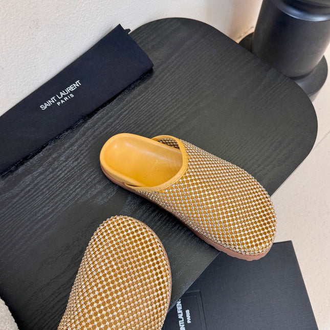 YSL 26S MESH MULES IN BEIGE YELLOW CALFSKIN AND WITH RHINESTONES