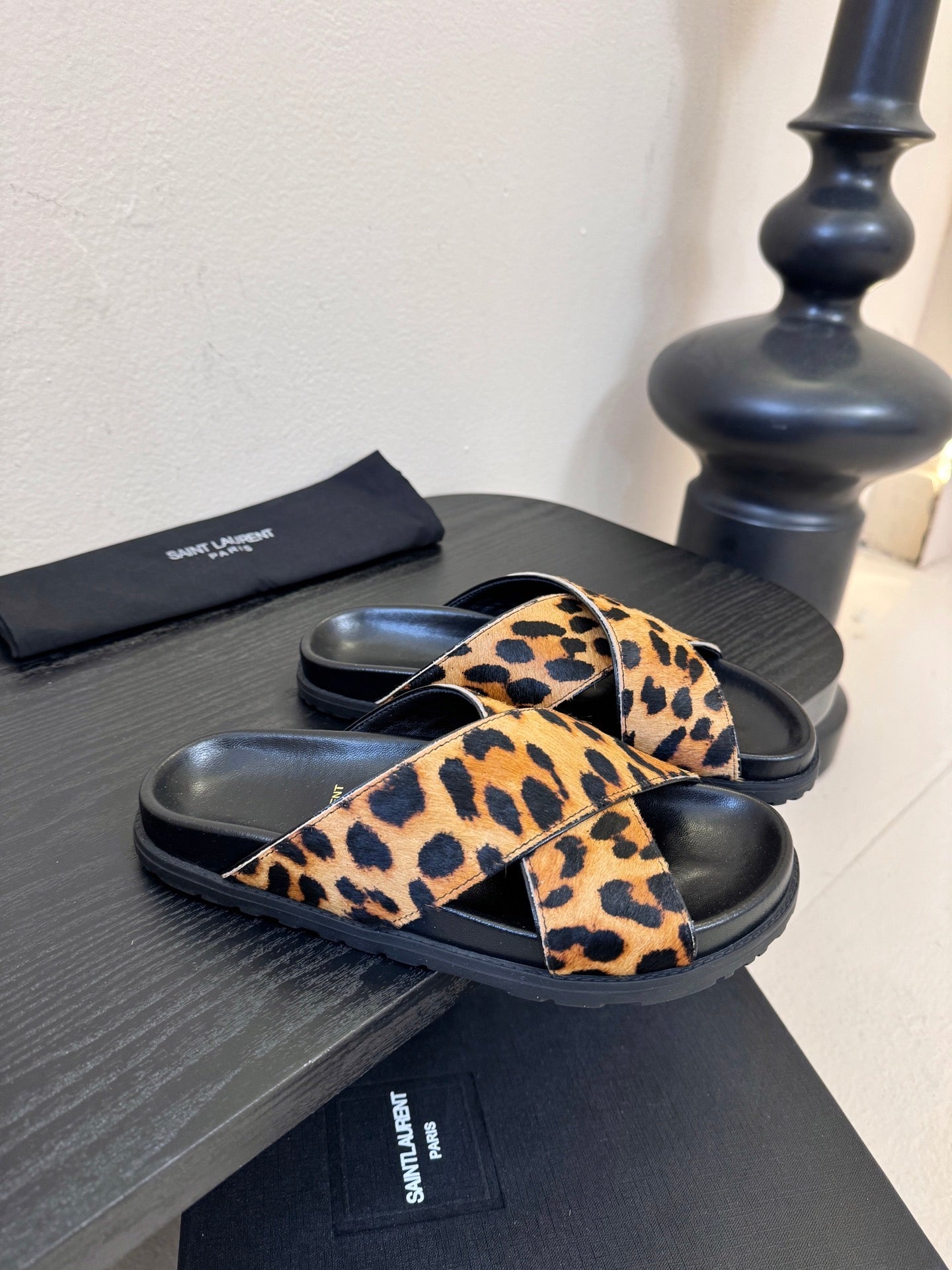 YSL 26S CROSS-STRAP SANDALS IN LEOPARD PRINT CALFSKIN HAIR STYLE 1