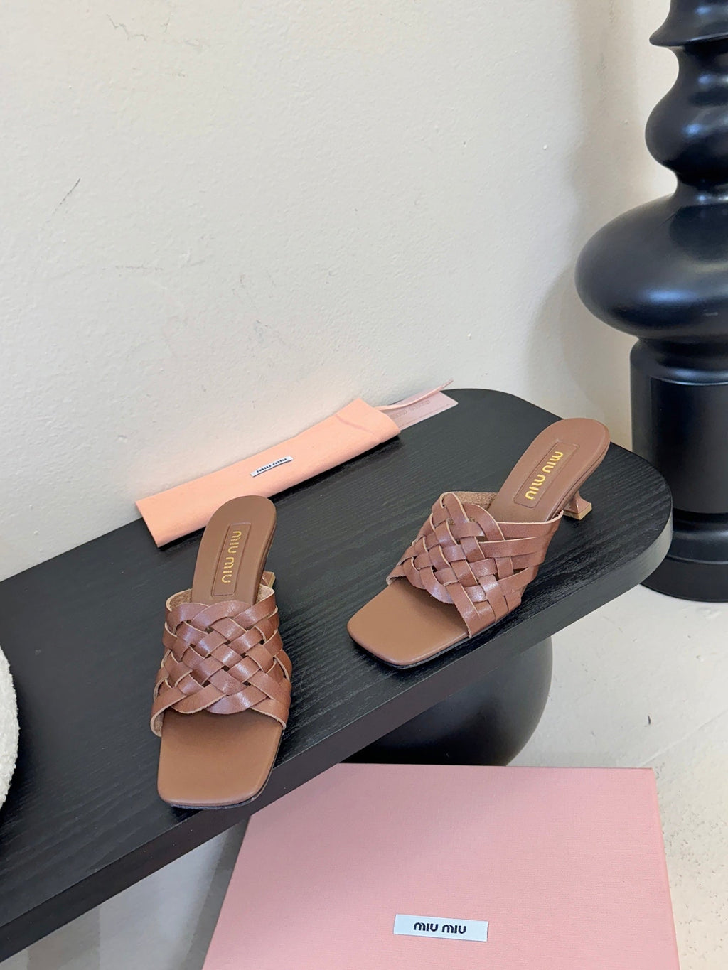 MIUMIU 26S IVETTE WOVEN HEELED SANDALS 40MM IN BROWN CALFSKIN