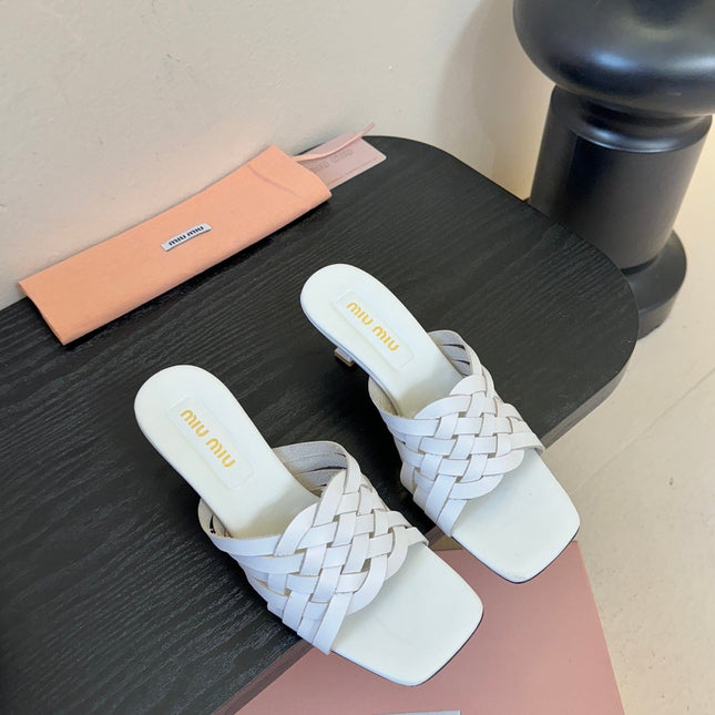 MIUMIU 26S IVETTE WOVEN HEELED SANDALS 40MM IN WHITE CALFSKIN