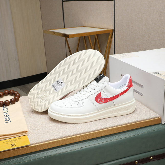LV AIR FORCE 1 GLOSSY WHITE CALFSKIN WITH RED MONOGRAM LOGO