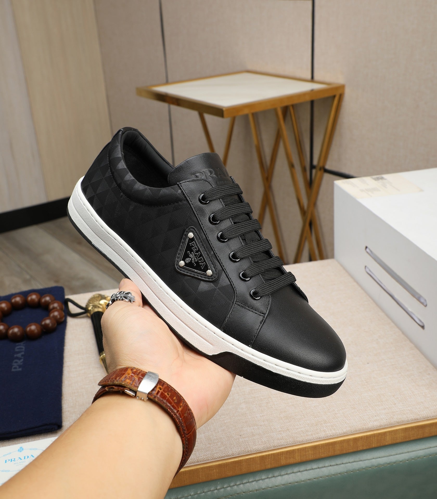 PRA RE-NYLON SNEAKERS IN BLACK MIX WHITE LEATHER AND FABRIC