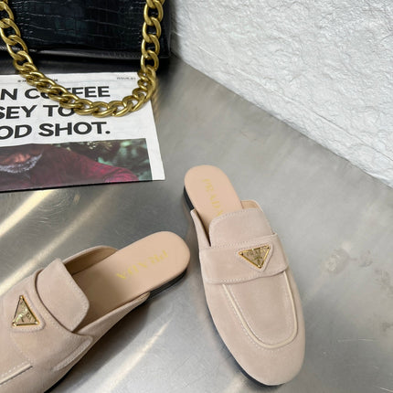 PRADA 26S MULE LOAFERS IN NUDE BEIGE SUEDE WITH LOGO