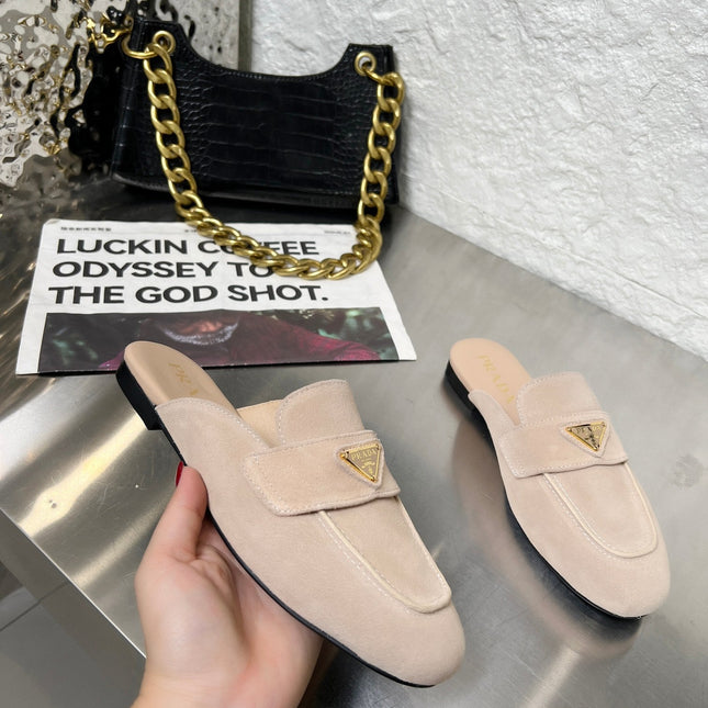 PRADA 26S MULE LOAFERS IN NUDE BEIGE SUEDE WITH LOGO