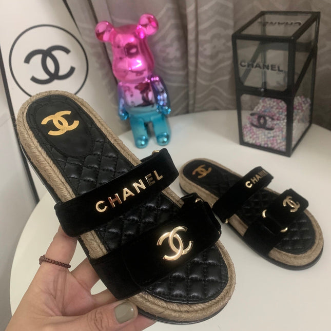 CHANEL 26S SLIDE SANDALS IN BLACK VELVET AND CALFSKIN WITH ROPE SOLE GOLD HARDWARE