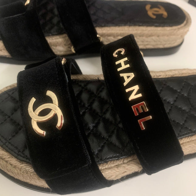 CHANEL 26S SLIDE SANDALS IN BLACK VELVET AND CALFSKIN WITH ROPE SOLE GOLD HARDWARE