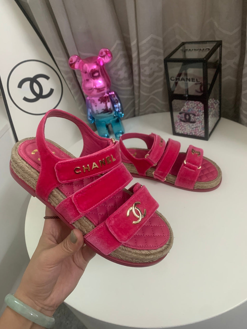 CHANEL 26S STRAPPY SANDALS IN PINK VELVET WITH ROPE SOLE GOLD HARDWARE