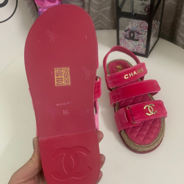 CHANEL 26S STRAPPY SANDALS IN PINK VELVET WITH ROPE SOLE GOLD HARDWARE
