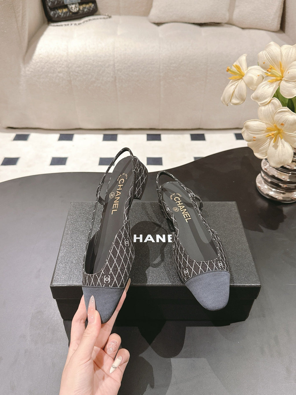 CC SLINGBACK 25S 25 MM IN BLACK DENIM WITH PLAID PATTERN